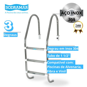 Escada Tradicional Sodramar INOX 304 -3 Degraus em INOX 