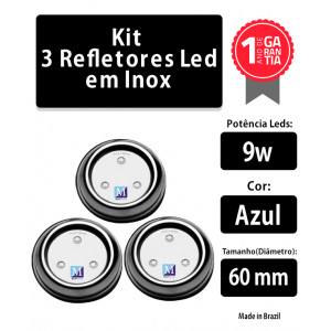 Kit 3 Leds para Piscina 9w Azul Inox 60mm