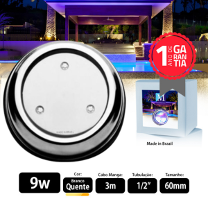 Led para piscina 9w branco quente Inox 60mm Marol Piscinas